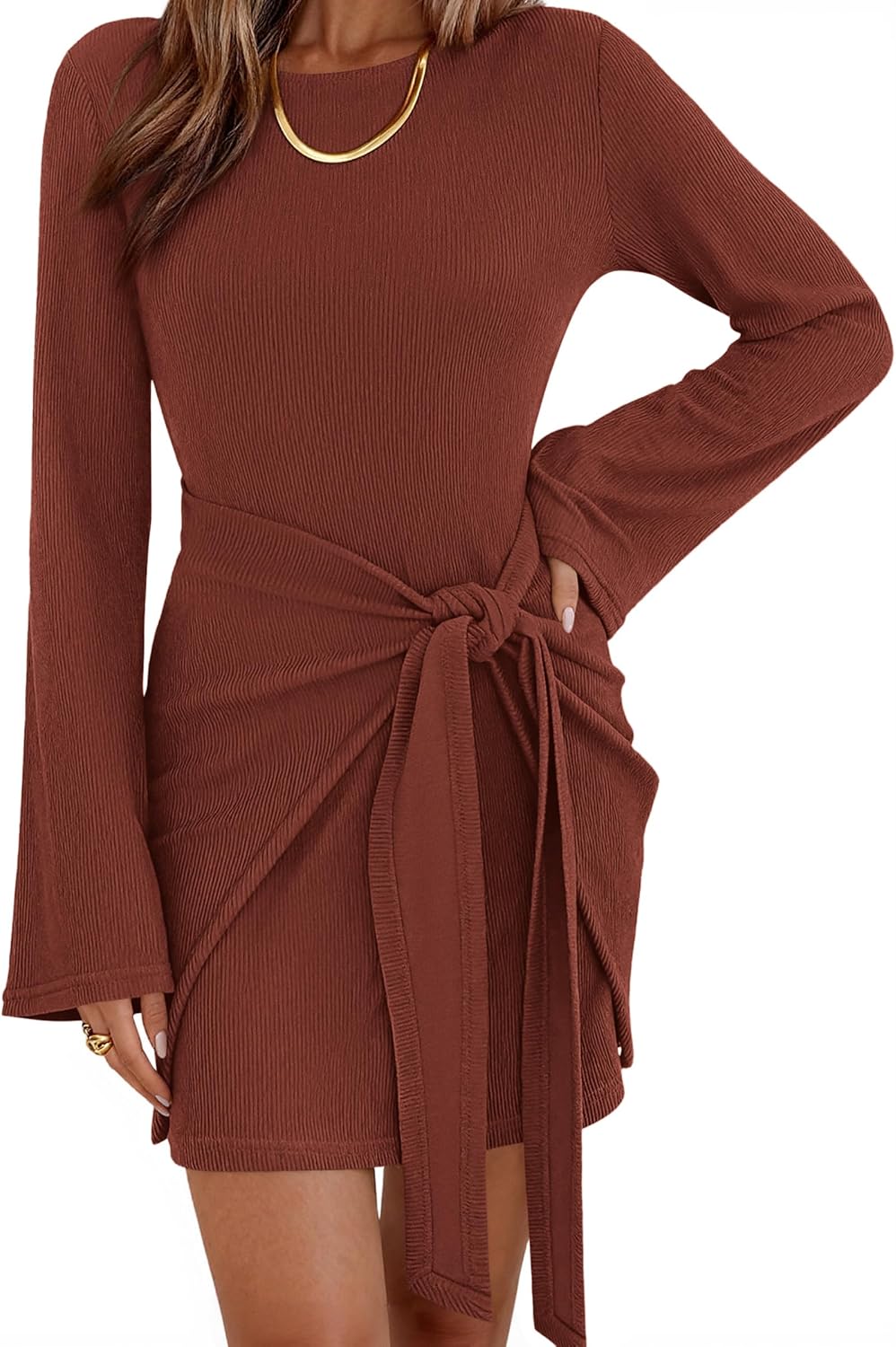 dowerme Women Bell Long Sleeve Tie Waist Bodycon Mini Dress | Casual Fall Fashion Boat Neck Short Dresses 2026,Cute Winter Tie Front Party Vacation Clothes,Soft Ribbed Knit Spring Outfits