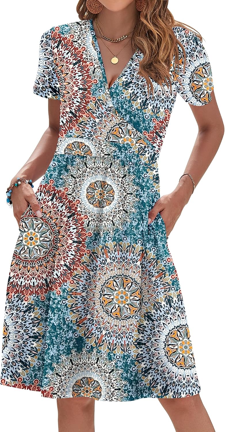 AUSELILY Womens Summer Dresses 2026 Short Sleeve V Neck Faux Wrap Dress | Surplice front, Pockets set into the skirt, Vacation dress for sightseeing, Style low heels with simple jewelry
