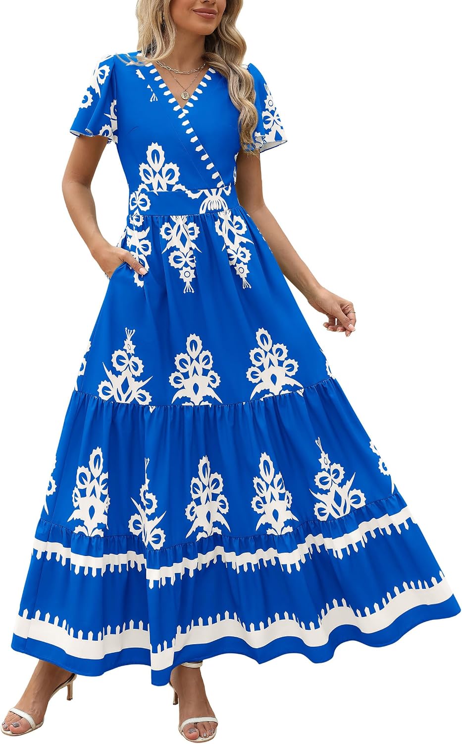 PRETTYGARDEN Womens Floral Boho Maxi Dress | Flutter Short Sleeve,Vneck Wrap,Tiered Ruffle,A Line Flowy Dresses,with Pockets,Summer Wedding Guest Beach Vacation Clothes
