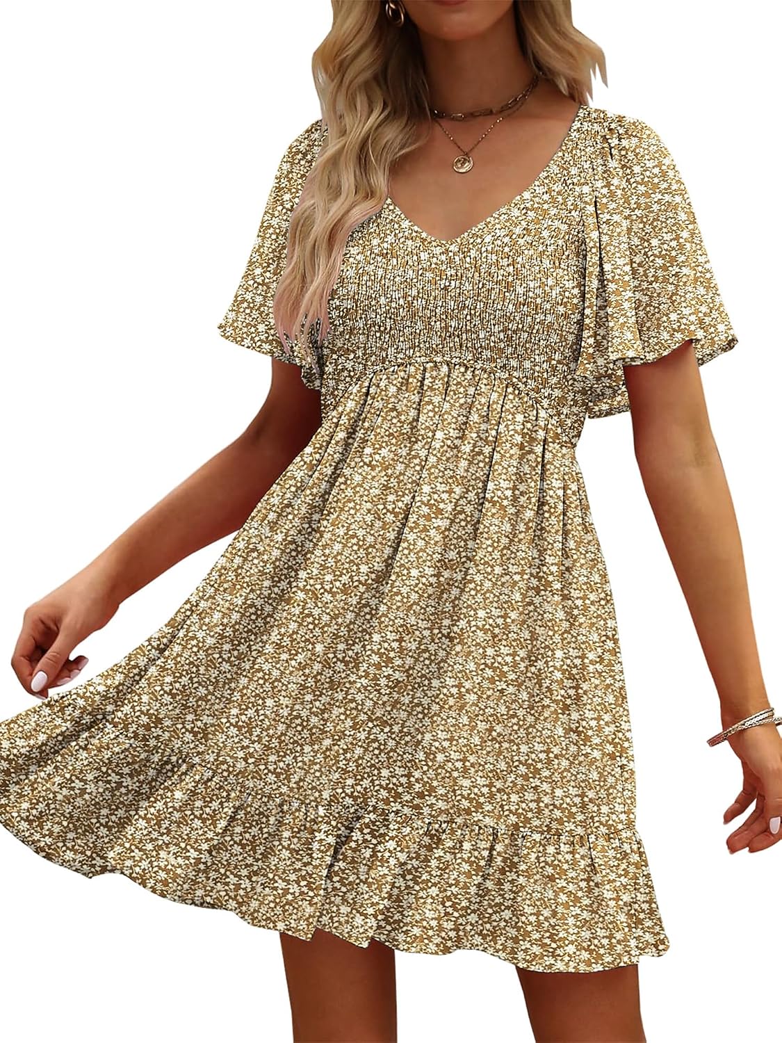 UEAL Womens Floral Smocked V Neck Casual Summer Sun Dresses | Aline, Pockets, Flowy, Cute, Empire Wiast, Flutter Sleeve, Knee Length, Bump Friendly, Beach Vacation, Resort Wear