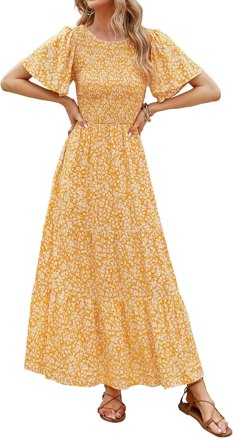 ZESICA Women's Summer Boho Floral Smocked Short Sleeve Maxi Dress | Tiered, Flowy, Elastic Waist, 2026 Casual Wedding Guest Date Holiday Beach Vacation Long Dresses