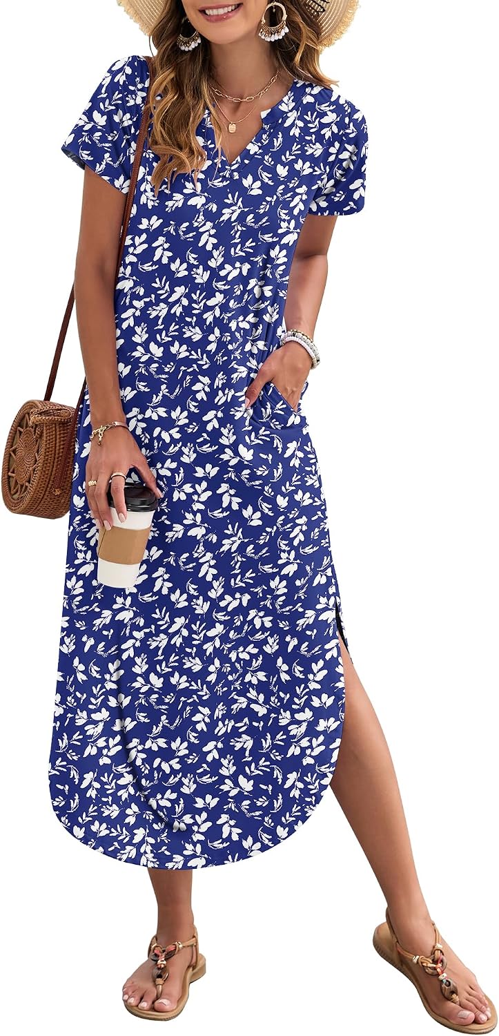 MISFAY Women's Short Sleeves Summer Maxi Dresses with Pocket | Notched V-neck, Side Splits, Two Pockets, Swing Sundress Hem, Loose Shirt Dress Fit, Ankle Length, Beach Vacation Outfits