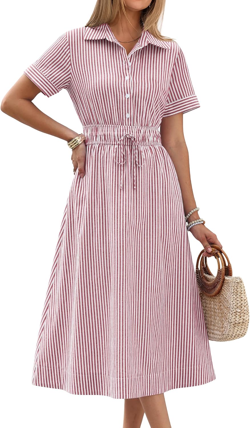 ANRABESS Women Summer Short Sleeve Midi Dress, Striped & Gingham, Casual A-Line Button Collar Shirt Dress, Beach & Vacation