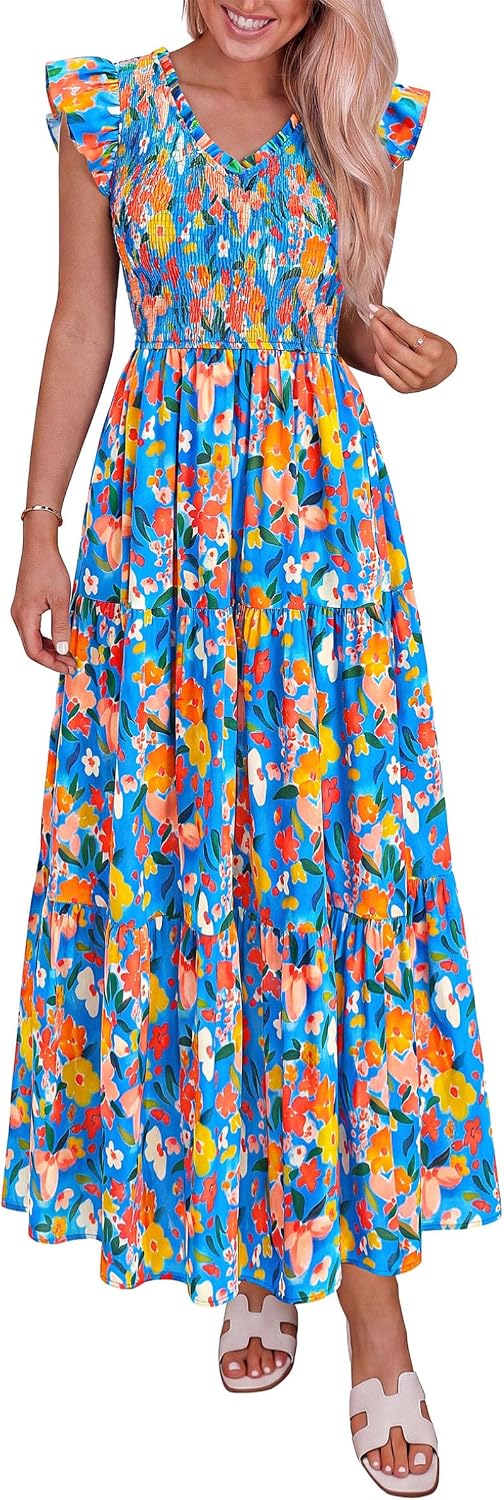 PRETTYGARDEN Women's Smocked Boho Floral Maxi Dress | V Neck Ruffle Sleeve, Long Flowy Sundress, Tiered A Line, Summer Spring Outfits for Beach Vacation, Wedding Guest, Tea Party