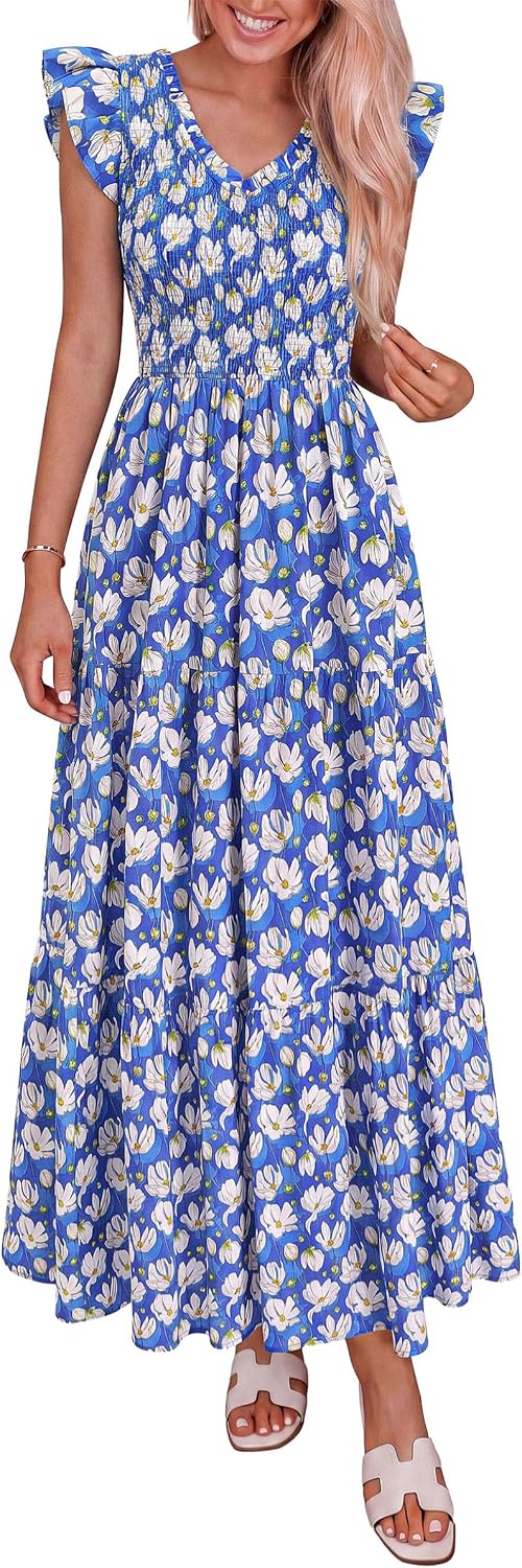 PRETTYGARDEN Women's Smocked Boho Floral Maxi Dress | V Neck Ruffle Sleeve, Long Flowy Sundress, Tiered A Line, Summer Spring Outfits for Beach Vacation, Wedding Guest, Tea Party