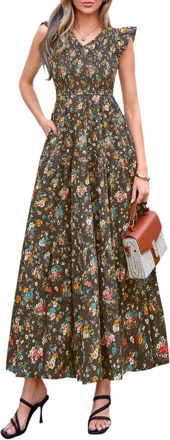 PRETTYGARDEN Women's Smocked Boho Floral Maxi Dress | V Neck Ruffle Sleeve, Long Flowy Sundress, Tiered A Line, Summer Spring Outfits for Beach Vacation, Wedding Guest, Tea Party