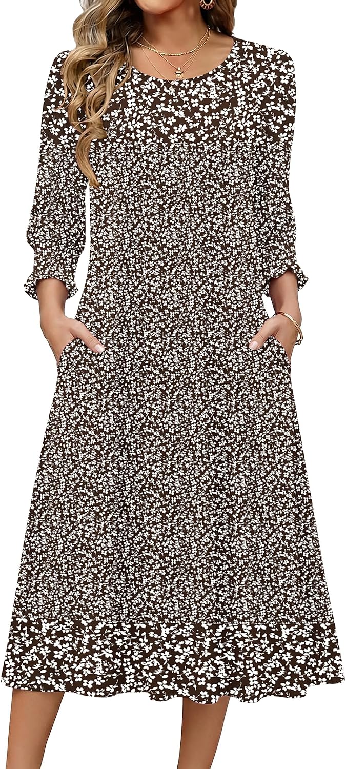 Zeagoo Summer Dresses for Women 2026 3\/4 Sleeve Dress for Women Floral Midi Dresses for Casual Womens Dresses with Pockets