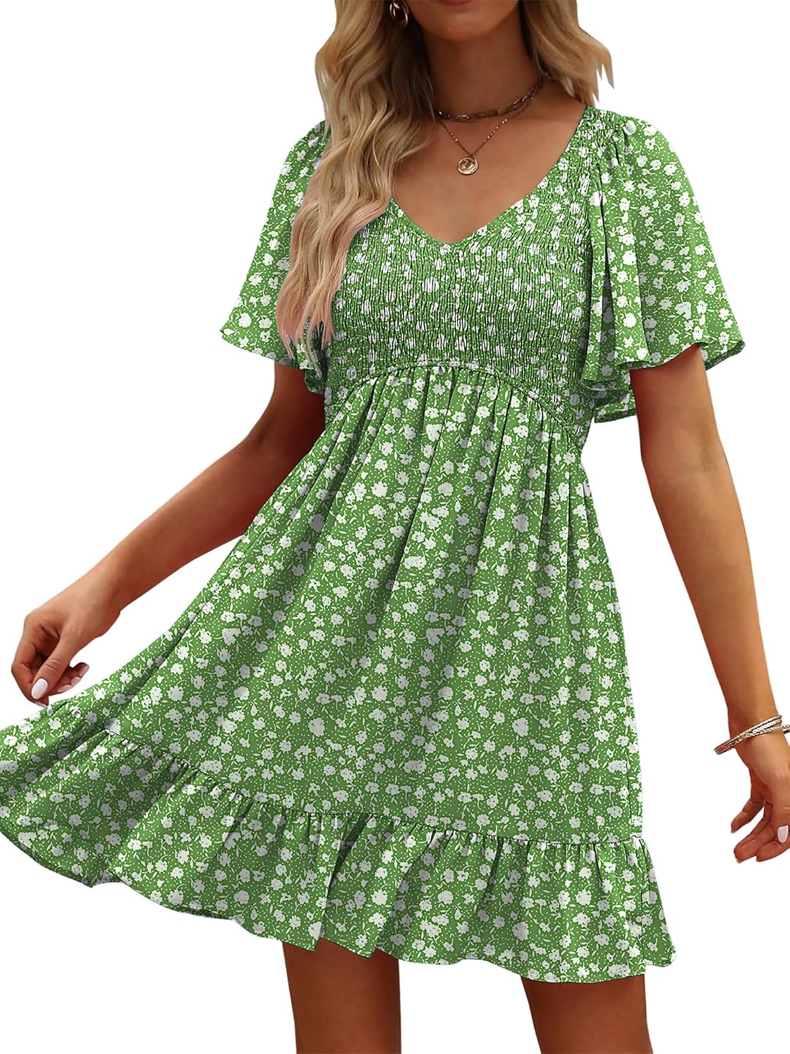 UEAL Womens Floral Smocked V Neck Casual Summer Sun Dresses | Aline, Pockets, Flowy, Cute, Empire Wiast, Flutter Sleeve, Knee Length, Bump Friendly, Beach Vacation, Resort Wear