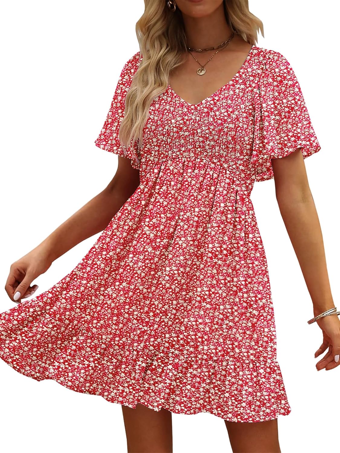 UEAL Womens Floral Smocked V Neck Casual Summer Sun Dresses | Aline, Pockets, Flowy, Cute, Empire Wiast, Flutter Sleeve, Knee Length, Bump Friendly, Beach Vacation, Resort Wear