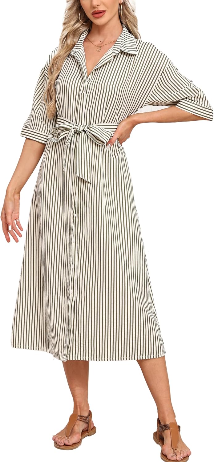 Women's 2026 Summer Gingham Maxi Dress Half Sleeve Casual Plaid Button Down Long Belted Shirt Dress