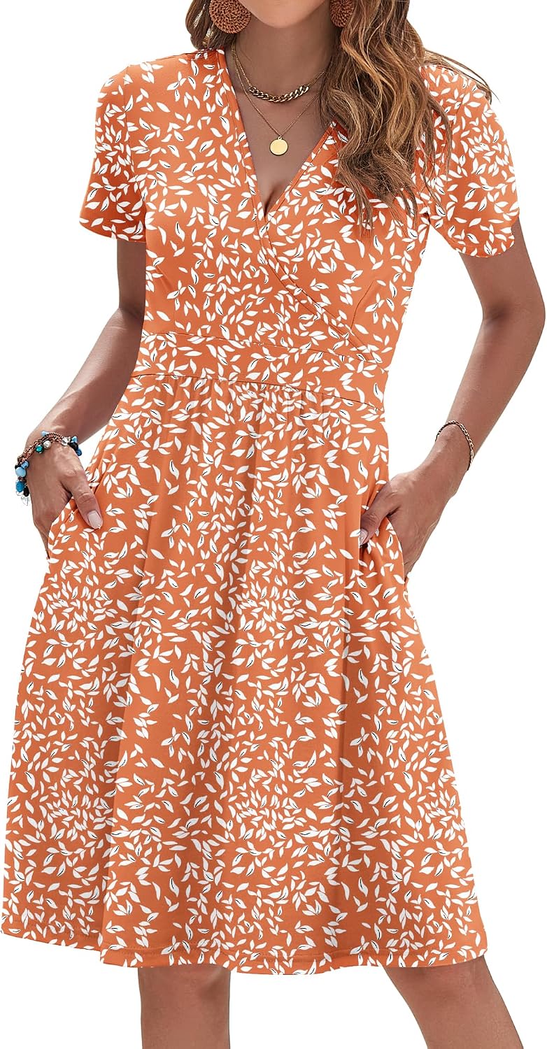 AUSELILY Womens Summer Dresses 2026 Short Sleeve V Neck Faux Wrap Dress | Surplice front, Pockets set into the skirt, Vacation dress for sightseeing, Style low heels with simple jewelry
