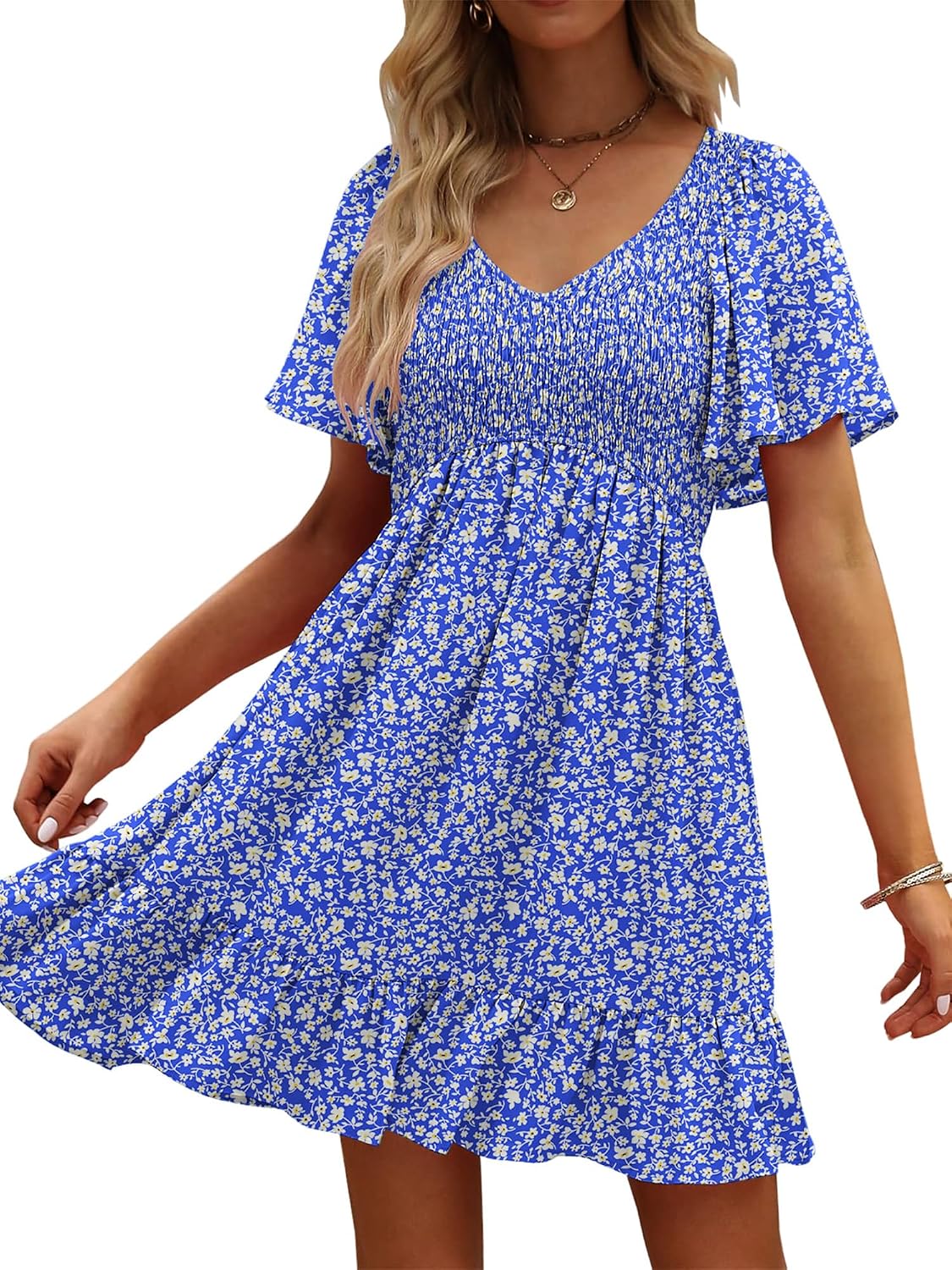UEAL Womens Floral Smocked V Neck Casual Summer Sun Dresses | Aline, Pockets, Flowy, Cute, Empire Wiast, Flutter Sleeve, Knee Length, Bump Friendly, Beach Vacation, Resort Wear