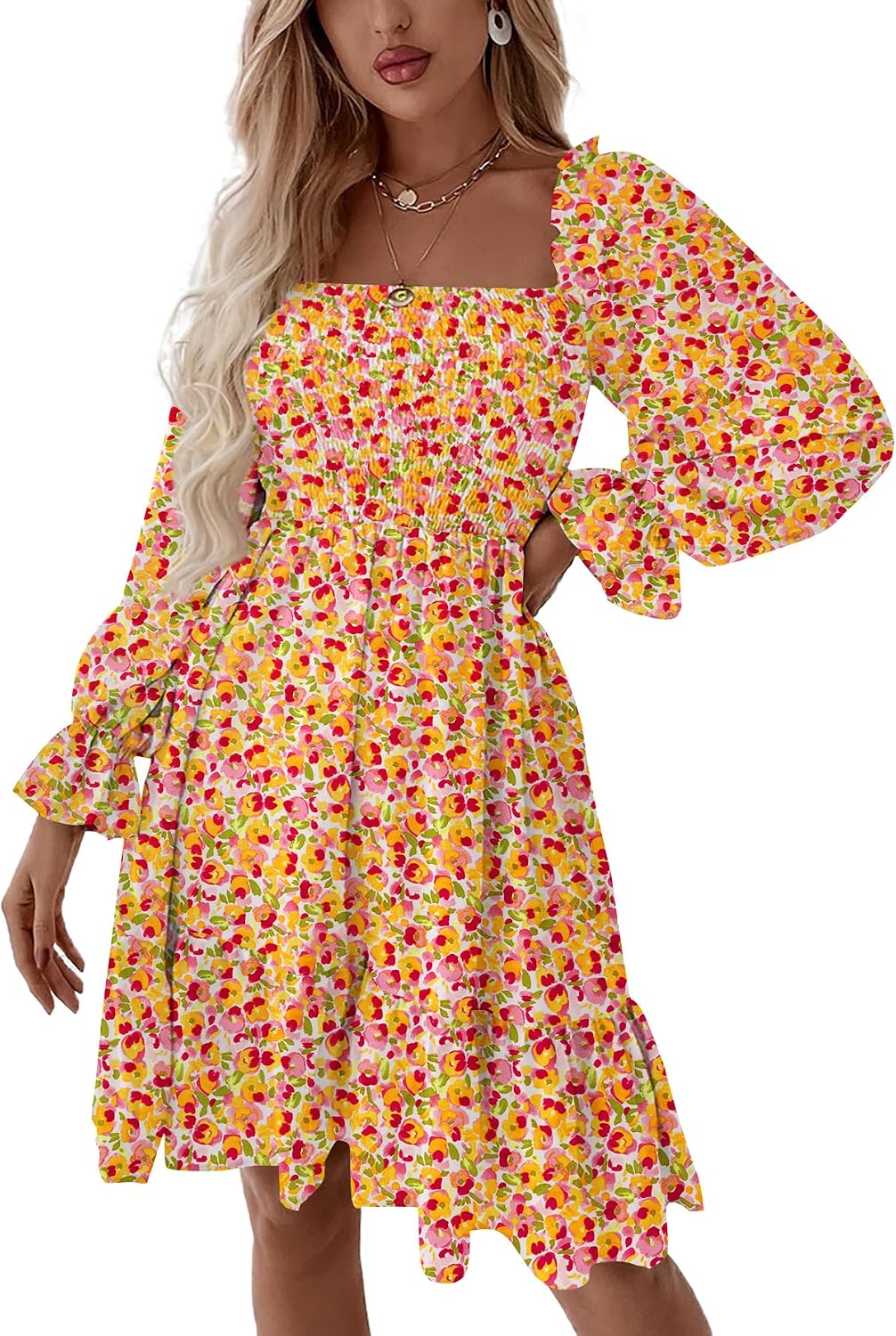 LYANER Women's Shirred Party Mini Dress | Square Neck Lantern Long Sleeve Ruffle A Line Flowy Casual Short Dresses