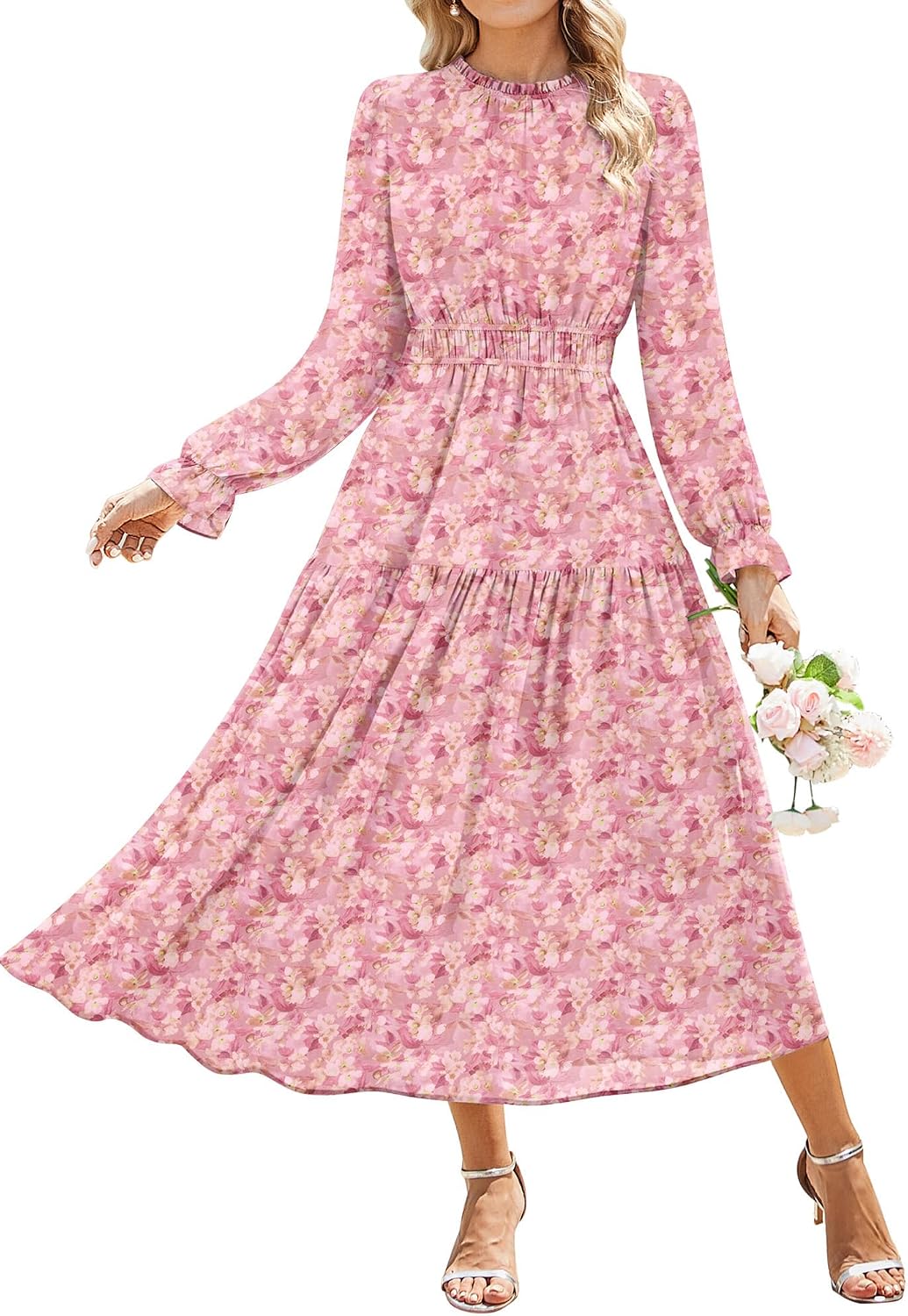 GRACE KARIN Women's Floral Long Sleeve Fall Wedding Guest Maxi Dress | 2026 Chiffon,Side Pockets,Mock Neck,Smocked Tieded,A Line Flowy Outfits Suitable for Semi Formal\/Party\/Cocktail\/Boho