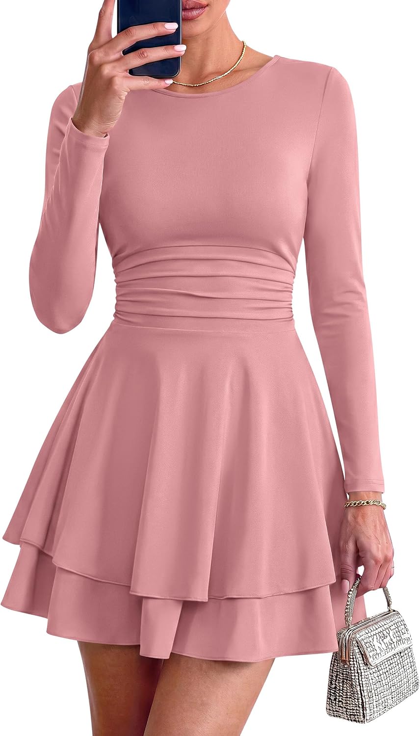 PRETTYGARDEN Womens Fit and Flare Crewneck Long Sleeve Mini Dress | Ruched Waist,Tiered Ruffle Hem,Flowy Short Sundress,Party Cocktail Homecoming Dresses,Date Night Semi Formal Cruise Outfits