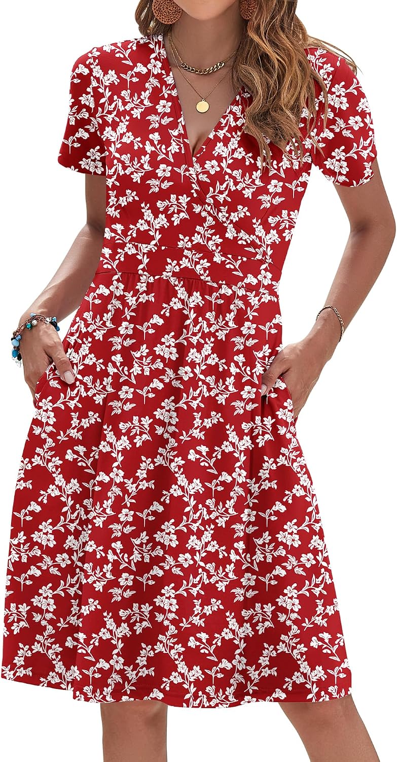 AUSELILY Womens Summer Dresses 2026 Short Sleeve V Neck Faux Wrap Dress | Surplice front, Pockets set into the skirt, Vacation dress for sightseeing, Style low heels with simple jewelry