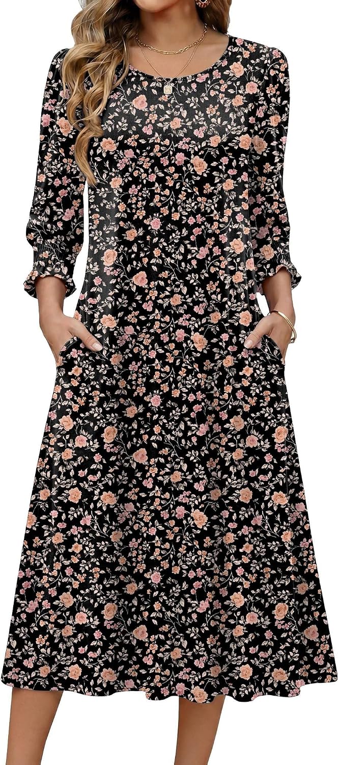 Zeagoo Summer Dresses for Women 2026 3\/4 Sleeve Dress for Women Floral Midi Dresses for Casual Womens Dresses with Pockets