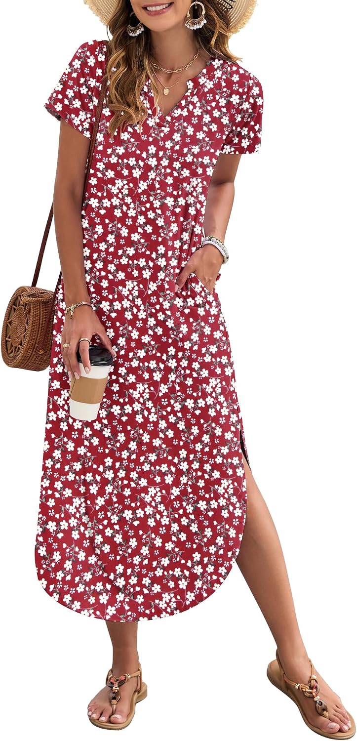 MISFAY Women's Short Sleeves Summer Maxi Dresses with Pocket | Notched V-neck, Side Splits, Two Pockets, Swing Sundress Hem, Loose Shirt Dress Fit, Ankle Length, Beach Vacation Outfits