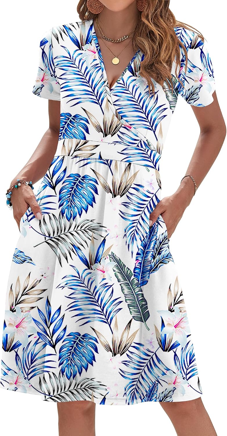 AUSELILY Womens Summer Dresses 2026 Short Sleeve V Neck Faux Wrap Dress | Surplice front, Pockets set into the skirt, Vacation dress for sightseeing, Style low heels with simple jewelry