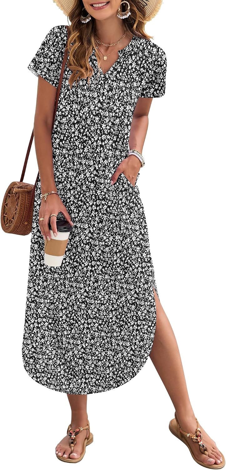 MISFAY Women's Short Sleeves Summer Maxi Dresses with Pocket | Notched V-neck, Side Splits, Two Pockets, Swing Sundress Hem, Loose Shirt Dress Fit, Ankle Length, Beach Vacation Outfits