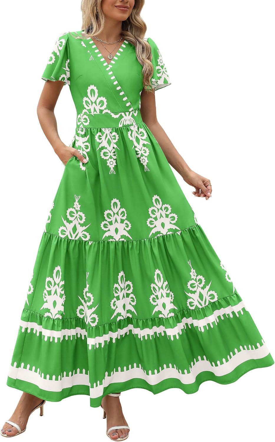 PRETTYGARDEN Womens Floral Boho Maxi Dress | Flutter Short Sleeve,Vneck Wrap,Tiered Ruffle,A Line Flowy Dresses,with Pockets,Summer Wedding Guest Beach Vacation Clothes