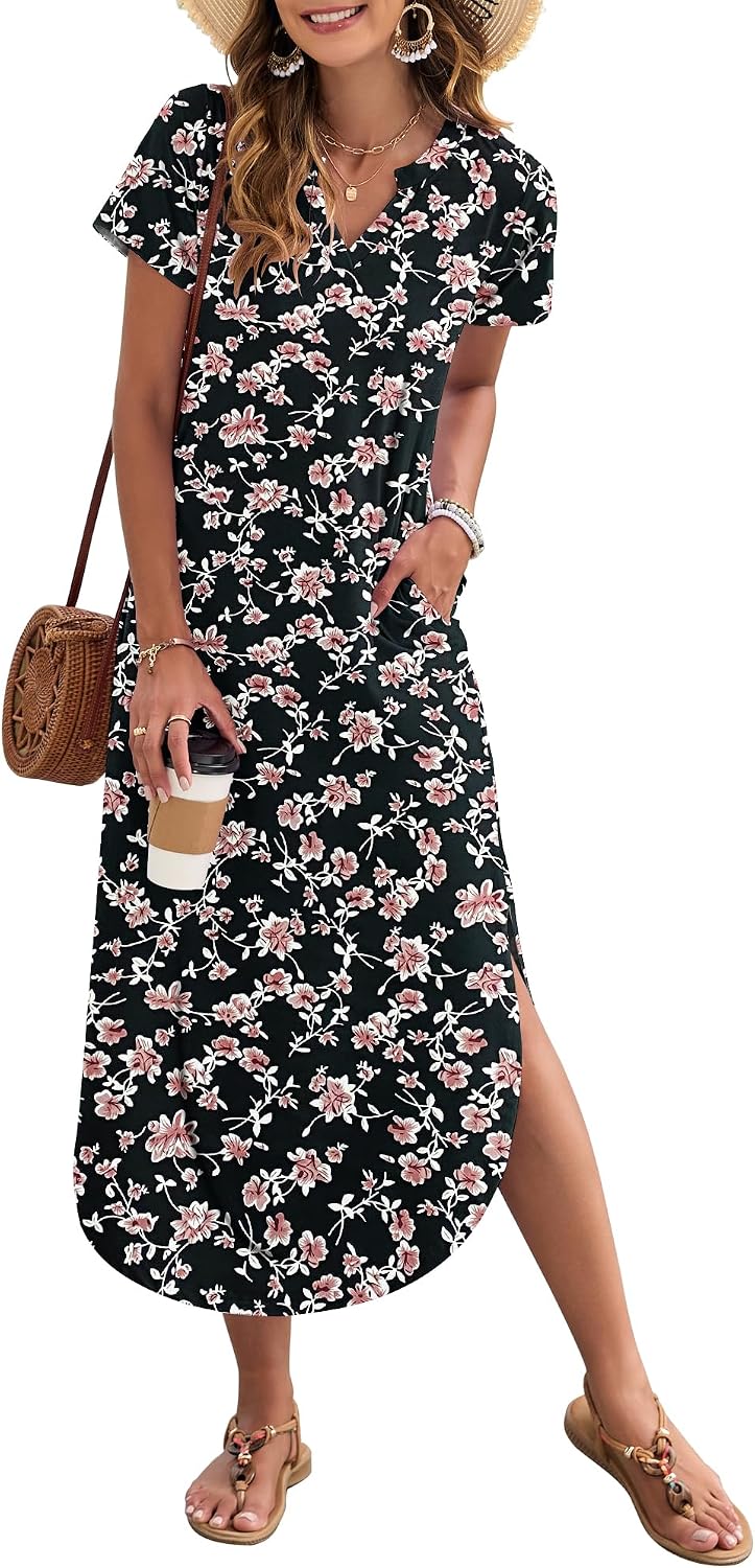 MISFAY Women's Short Sleeves Summer Maxi Dresses with Pocket | Notched V-neck, Side Splits, Two Pockets, Swing Sundress Hem, Loose Shirt Dress Fit, Ankle Length, Beach Vacation Outfits