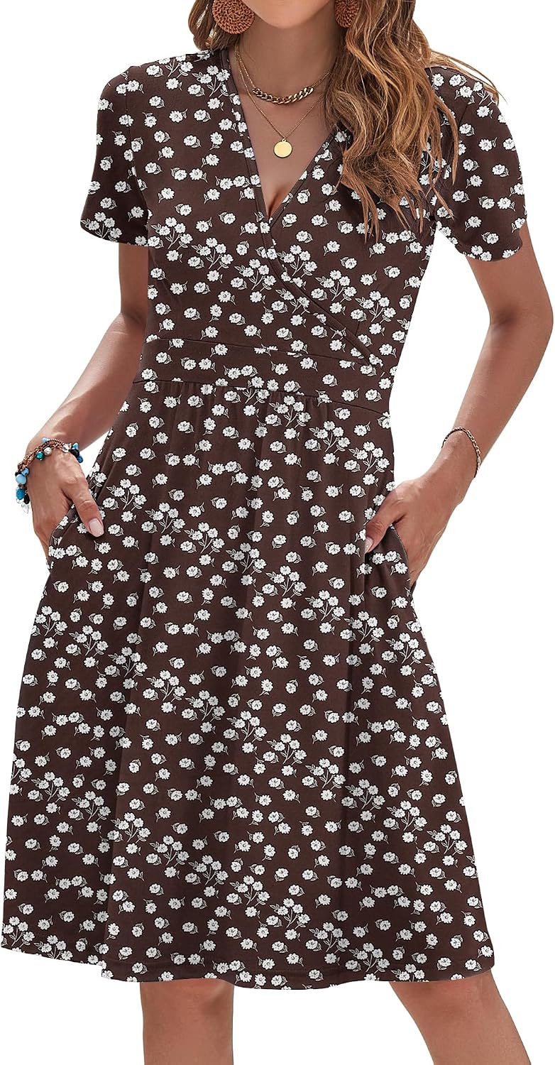 AUSELILY Womens Summer Dresses 2026 Short Sleeve V Neck Faux Wrap Dress | Surplice front, Pockets set into the skirt, Vacation dress for sightseeing, Style low heels with simple jewelry