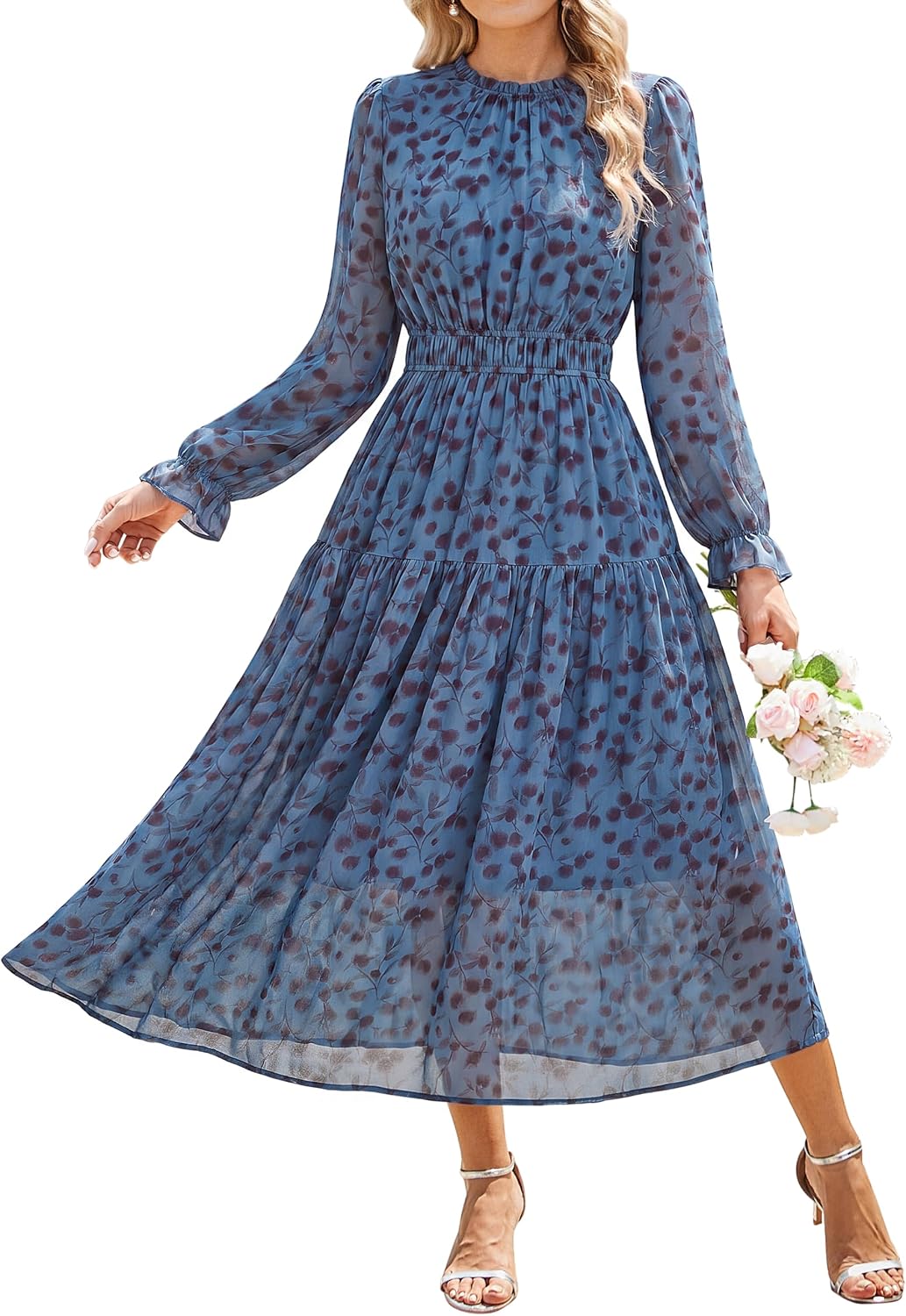 GRACE KARIN Women's Floral Long Sleeve Fall Wedding Guest Maxi Dress | 2026 Chiffon,Side Pockets,Mock Neck,Smocked Tieded,A Line Flowy Outfits Suitable for Semi Formal\/Party\/Cocktail\/Boho