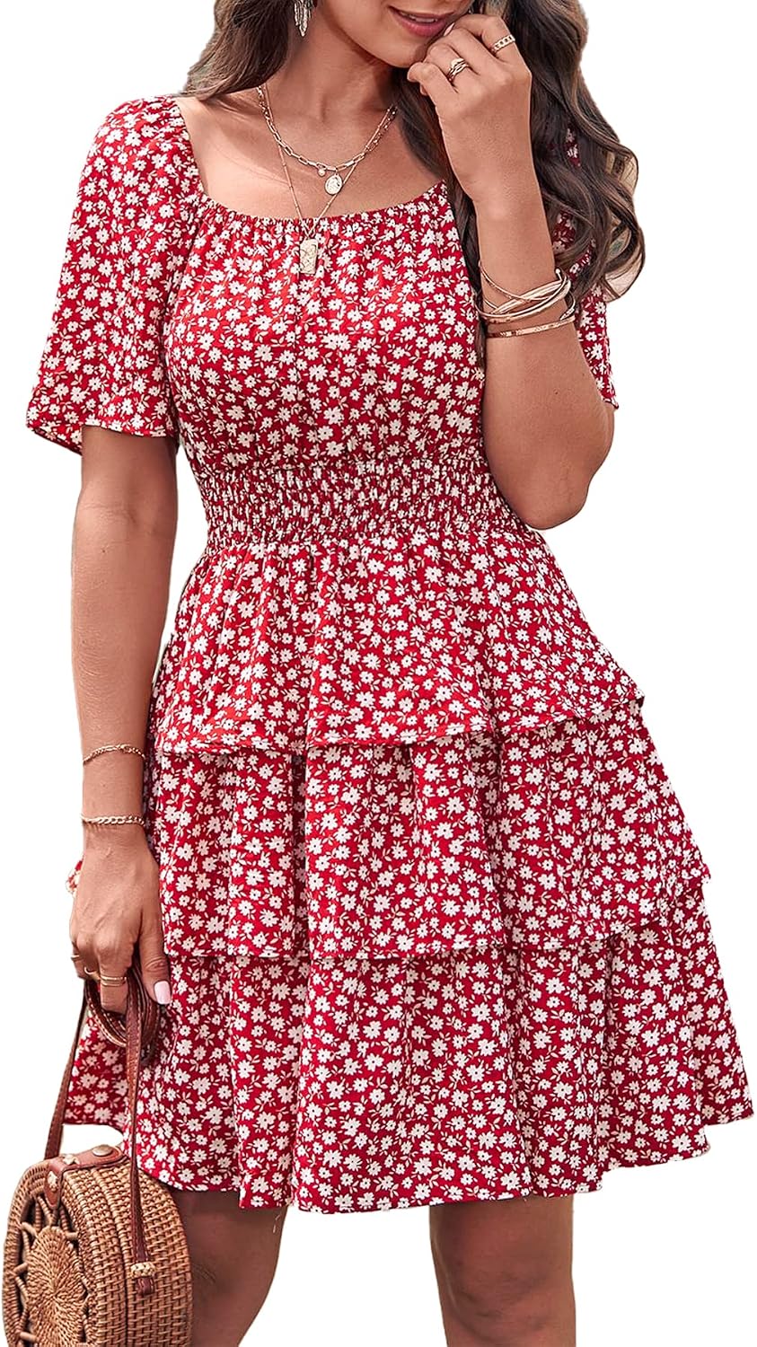 PRETTYGARDEN Women's Summer Floral Ruffle Short Dress | Short Sleeve Square Neck, Flowy Tiered Hem, Fit and Flare, Flower Boho Dresses, Cute Beach Vacation Outfits, Fashion Clothing