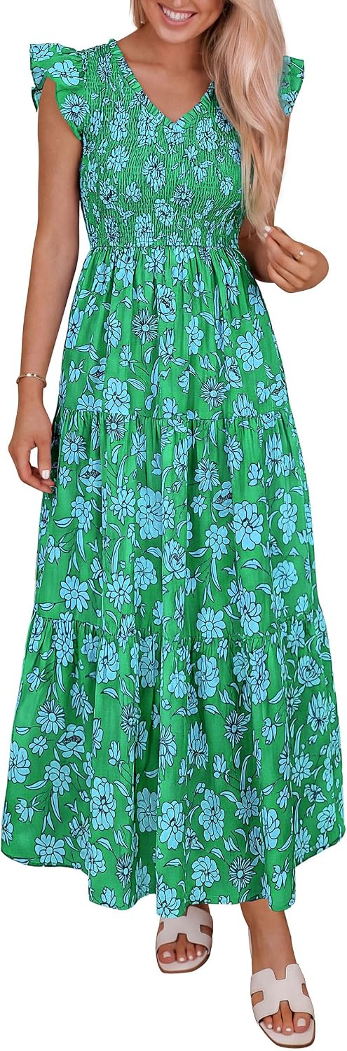 PRETTYGARDEN Women's Smocked Boho Floral Maxi Dress | V Neck Ruffle Sleeve, Long Flowy Sundress, Tiered A Line, Summer Spring Outfits for Beach Vacation, Wedding Guest, Tea Party