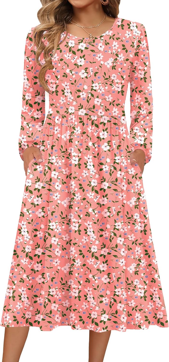 Zeagoo Long Sleeve Dresses for Women 2026 Fall Winter Casual Flowy A-Line Boho Midi Party Long Dress with Pockets