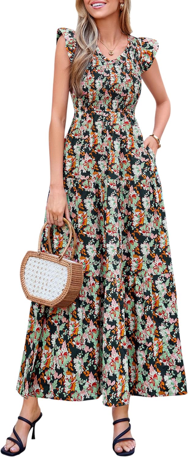 PRETTYGARDEN Women's Smocked Boho Floral Maxi Dress | V Neck Ruffle Sleeve, Long Flowy Sundress, Tiered A Line, Summer Spring Outfits for Beach Vacation, Wedding Guest, Tea Party