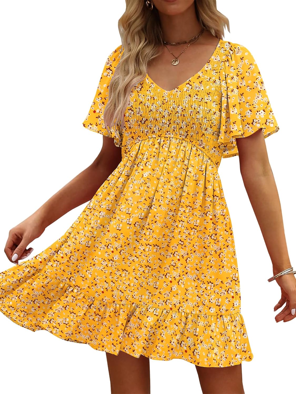 UEAL Womens Floral Smocked V Neck Casual Summer Sun Dresses | Aline, Pockets, Flowy, Cute, Empire Wiast, Flutter Sleeve, Knee Length, Bump Friendly, Beach Vacation, Resort Wear