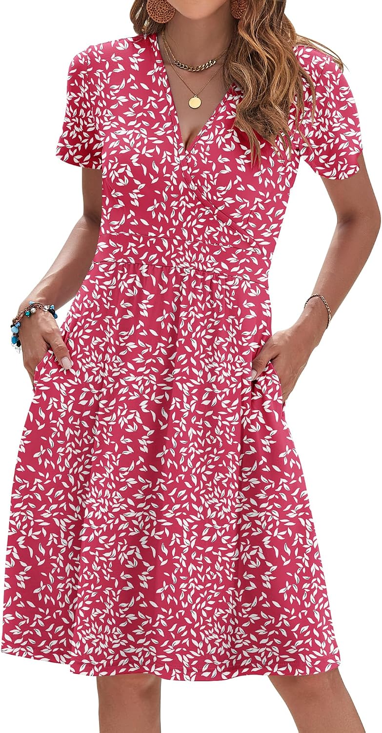 AUSELILY Womens Summer Dresses 2026 Short Sleeve V Neck Faux Wrap Dress | Surplice front, Pockets set into the skirt, Vacation dress for sightseeing, Style low heels with simple jewelry