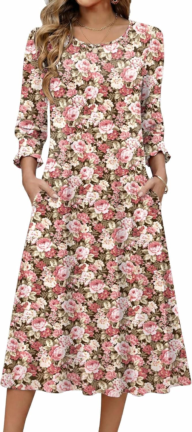 Zeagoo Summer Dresses for Women 2026 3\/4 Sleeve Dress for Women Floral Midi Dresses for Casual Womens Dresses with Pockets