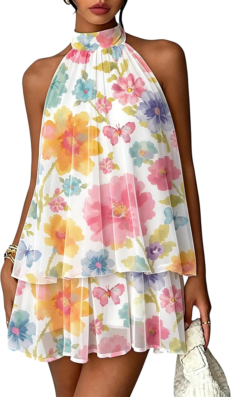 Chiffon Dresses for Women Sexy Halter Backless Drop Waist Mini Dress | Ruffle Open Back Wedding Guest Dresses Bubble Night Out Cocktail Dress Beach Vacation Birthday Party