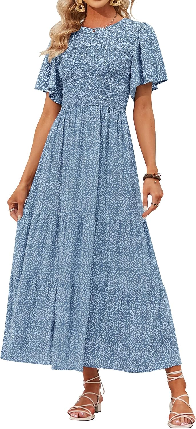ZESICA Women's Summer Boho Floral Smocked Short Sleeve Maxi Dress | Tiered, Flowy, Elastic Waist, 2026 Casual Wedding Guest Date Holiday Beach Vacation Long Dresses