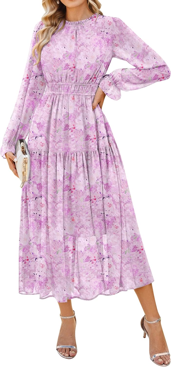 GRACE KARIN Women's Floral Long Sleeve Fall Wedding Guest Maxi Dress | 2026 Chiffon,Side Pockets,Mock Neck,Smocked Tieded,A Line Flowy Outfits Suitable for Semi Formal\/Party\/Cocktail\/Boho