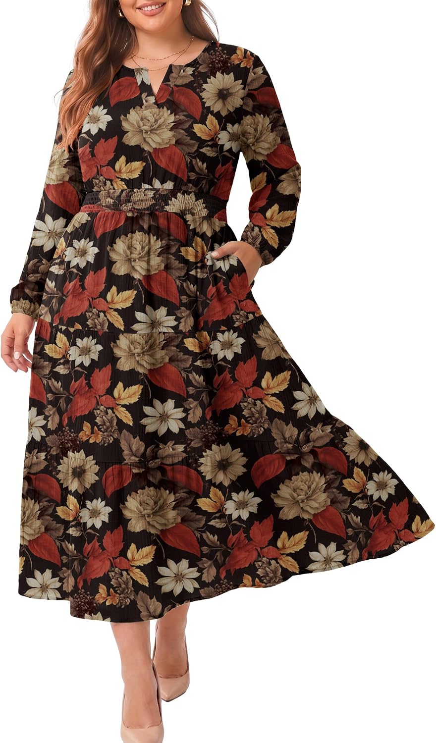 OLRIK Plus Size Fall Maxi Dress for Curvy Women Long Sleeve Pockets | Smocked Waist Tiered Skirt Deep Pockets Autumn Boho Maxi Dress for Wedding Guest Family Photo Teacher or Work Casual