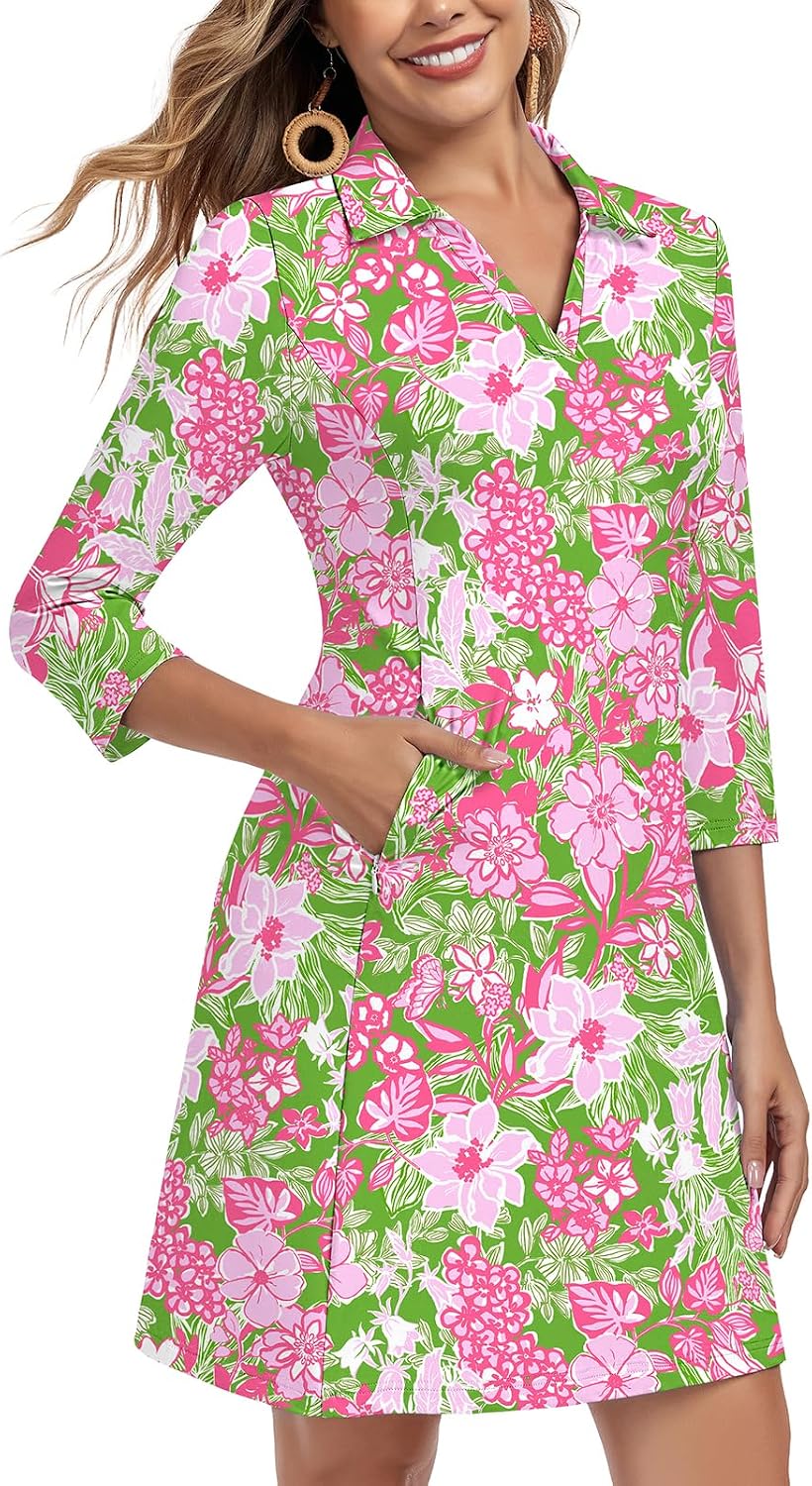 Soneven Women's 3\/4 Sleeve Dress with Pockets UPF 50+ Sun Dress Breathable Quick Dry Beach Cover Ups