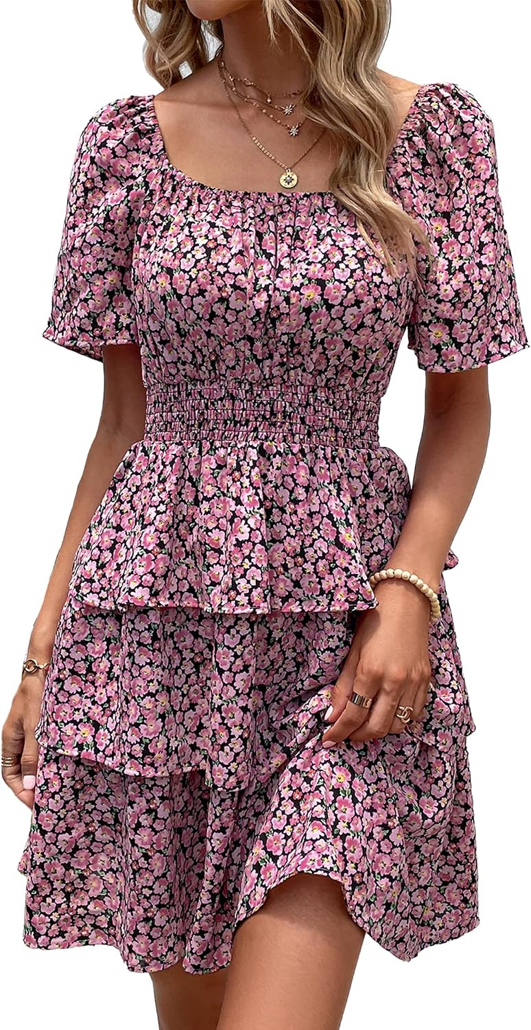 PRETTYGARDEN Women's Summer Floral Ruffle Short Dress | Short Sleeve Square Neck, Flowy Tiered Hem, Fit and Flare, Flower Boho Dresses, Cute Beach Vacation Outfits, Fashion Clothing