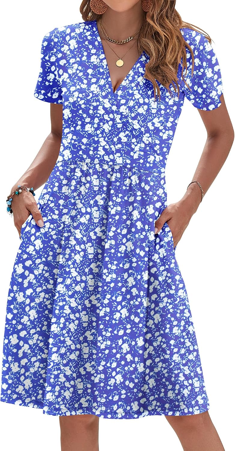 AUSELILY Womens Summer Dresses 2026 Short Sleeve V Neck Faux Wrap Dress | Surplice front, Pockets set into the skirt, Vacation dress for sightseeing, Style low heels with simple jewelry