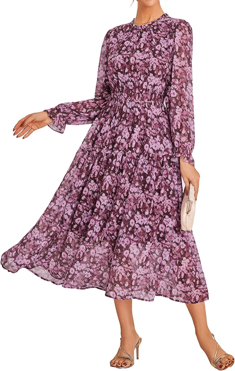 GRACE KARIN Women's Floral Long Sleeve Fall Wedding Guest Maxi Dress | 2026 Chiffon,Side Pockets,Mock Neck,Smocked Tieded,A Line Flowy Outfits Suitable for Semi Formal\/Party\/Cocktail\/Boho