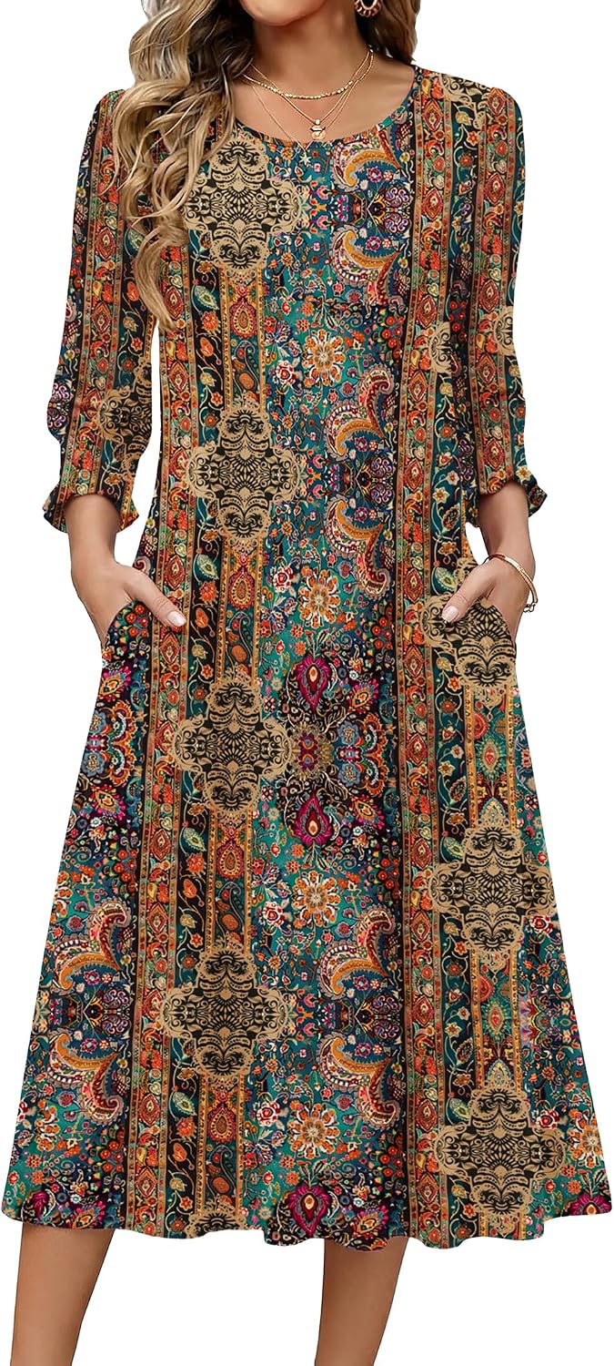 Zeagoo Summer Dresses for Women 2026 3\/4 Sleeve Dress for Women Floral Midi Dresses for Casual Womens Dresses with Pockets