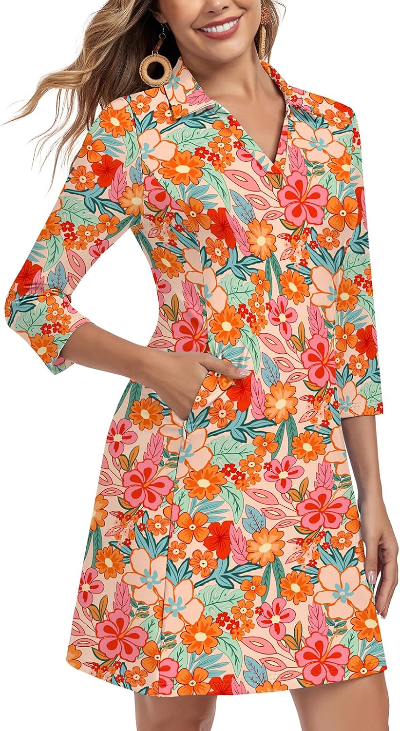 Soneven Women's 3\/4 Sleeve Dress with Pockets UPF 50+ Sun Dress Breathable Quick Dry Beach Cover Ups