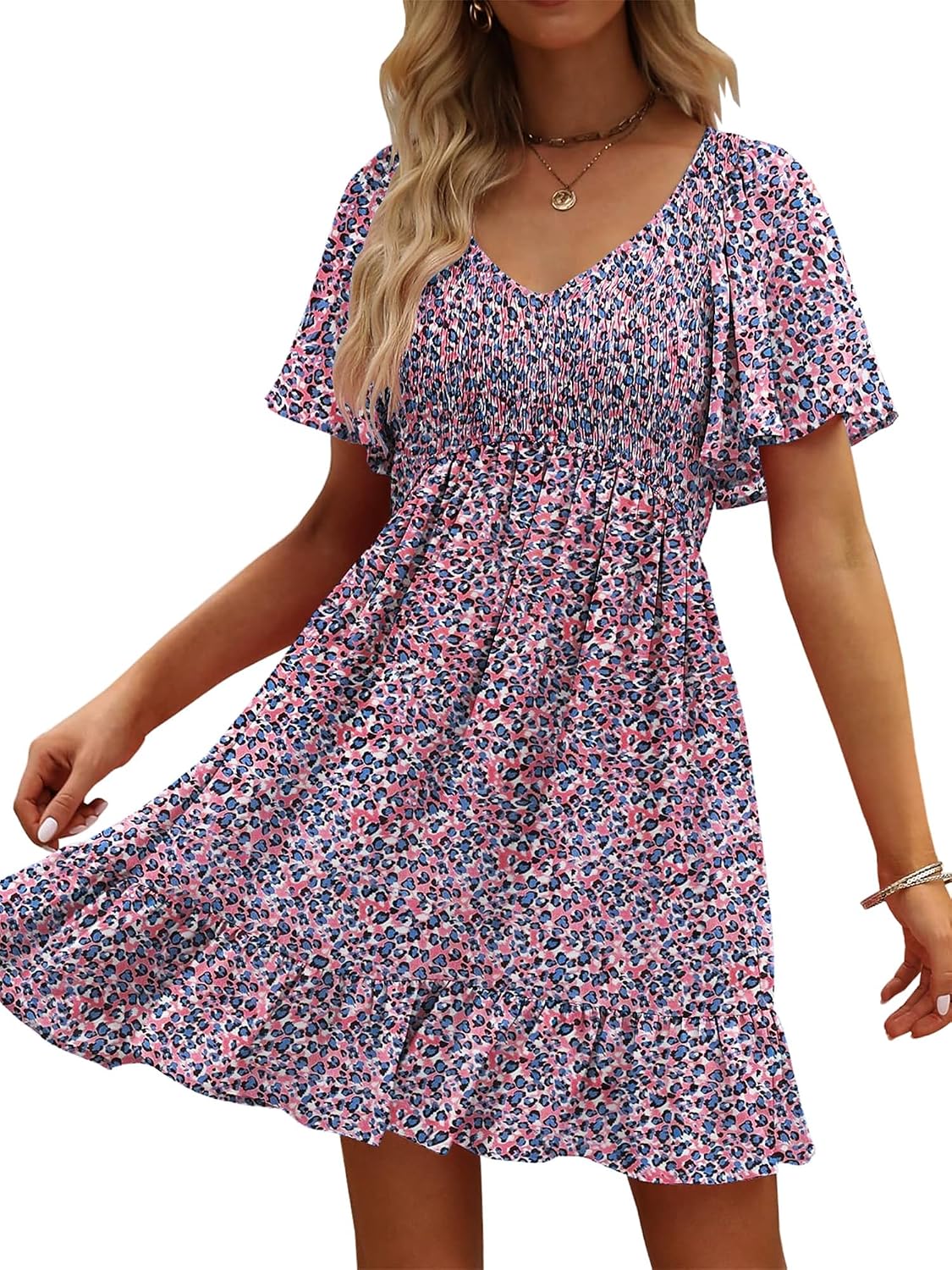 UEAL Womens Floral Smocked V Neck Casual Summer Sun Dresses | Aline, Pockets, Flowy, Cute, Empire Wiast, Flutter Sleeve, Knee Length, Bump Friendly, Beach Vacation, Resort Wear
