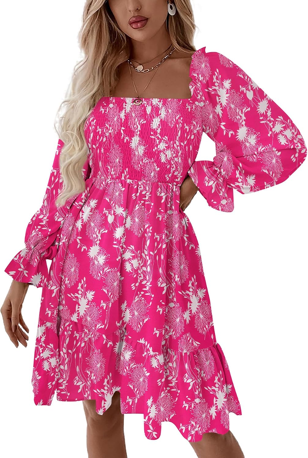 LYANER Women's Shirred Party Mini Dress | Square Neck Lantern Long Sleeve Ruffle A Line Flowy Casual Short Dresses