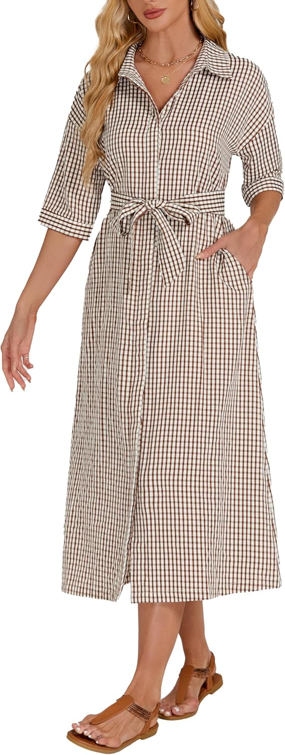 Women's 2026 Summer Gingham Maxi Dress Half Sleeve Casual Plaid Button Down Long Belted Shirt Dress
