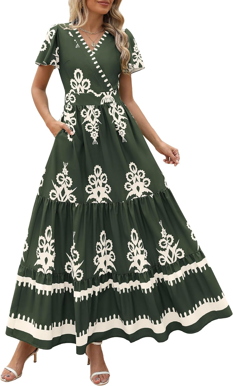 PRETTYGARDEN Womens Floral Boho Maxi Dress | Flutter Short Sleeve,Vneck Wrap,Tiered Ruffle,A Line Flowy Dresses,with Pockets,Summer Wedding Guest Beach Vacation Clothes