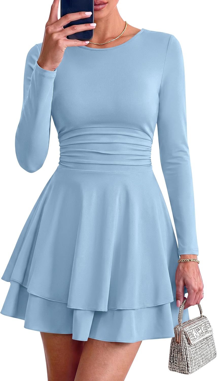 PRETTYGARDEN Womens Fit and Flare Crewneck Long Sleeve Mini Dress | Ruched Waist,Tiered Ruffle Hem,Flowy Short Sundress,Party Cocktail Homecoming Dresses,Date Night Semi Formal Cruise Outfits